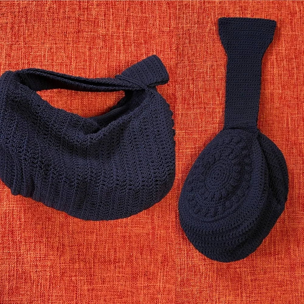 VTG 30’s 40’s Navy Blue Crochet Convertible Clutch With Strap Wristlet